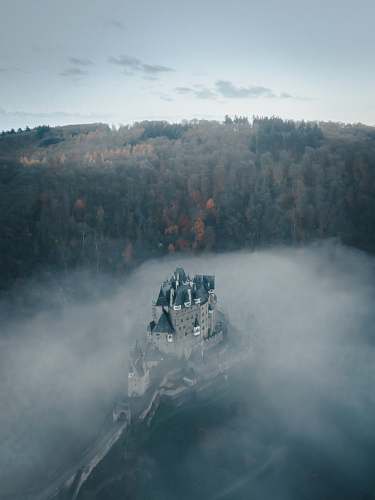 mist gray castle surrounded by fog and trees fog