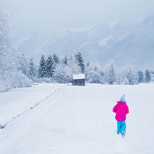 person person in purple jacket walking towards cabin snow
