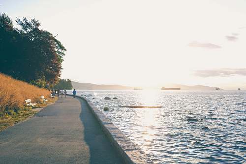 bench people near in the sea during sunset ships