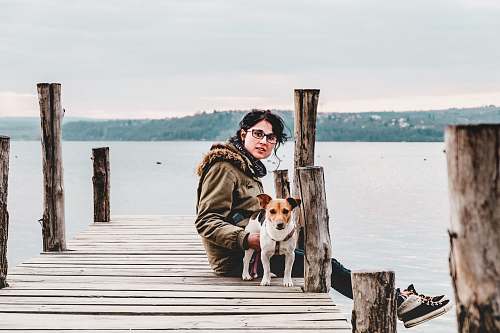 pier woman sitting on brown wooden dock with dog waterfront