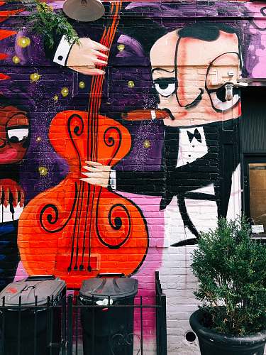 graffiti man holding double bass wall art plant