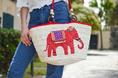 purse person holding white and red elephant graphic tote bag close-up photo accessories