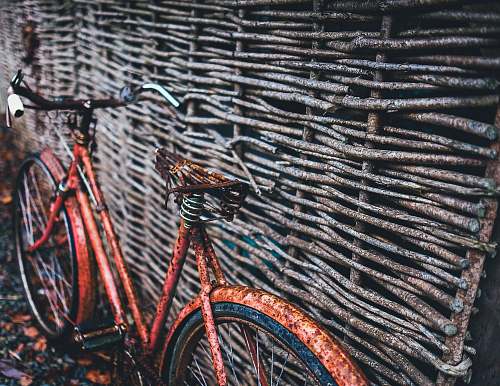 bike red bicycle parked beside brown wood wall at daytime rusty