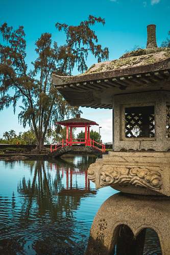 water white concrete temple on body of water neat red bridge architecture