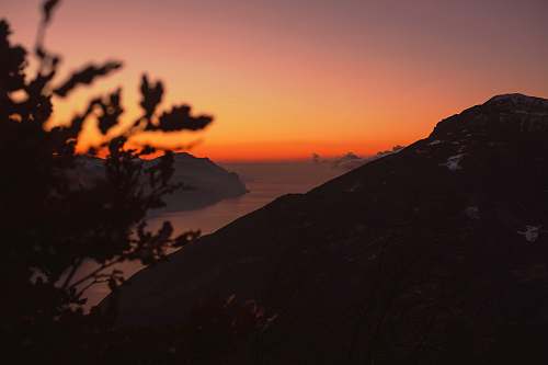 jar high-angle silhouette photography of mountain ranges with body of water in between during golden hour plant