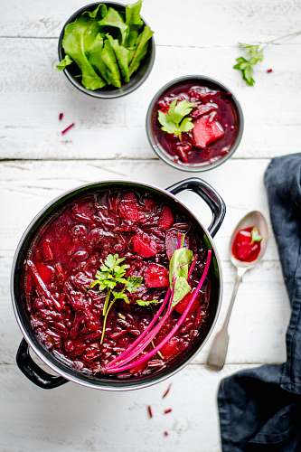 beetroot pot of red sauce food flat lay