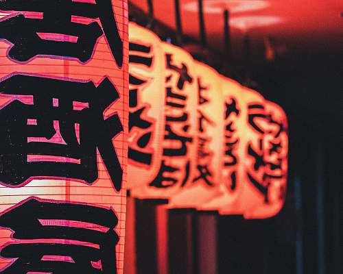 person selective focus photography of kanji script lanterns people
