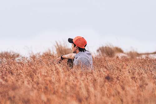 male sitting man wearing red cap on brown flower field at daytime cap
