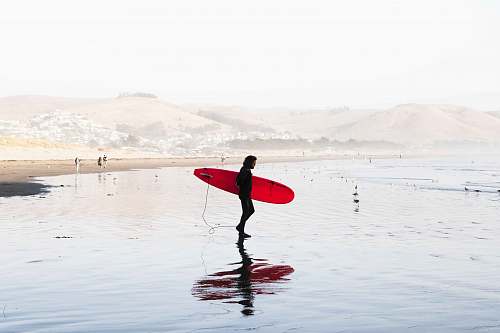 surfboard person on body of water carrying red surfboard water