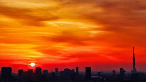 nature silhouette of city with high-rise buildings under orange skies sunset