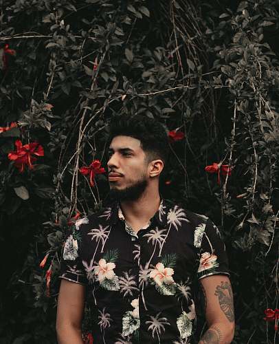 human man standing in front of red flowers people