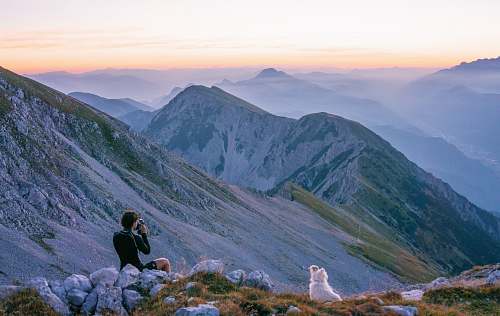 human person sitting on mountain near white dog during daytime mountain