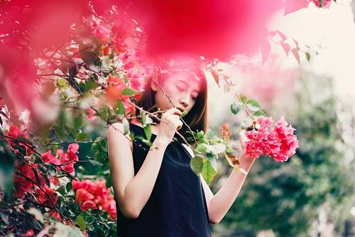 human woman in black sleeveless top holding branch of plants with red flowers people