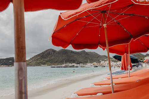 umbrella view of beach with sunloungers and parasols canopy