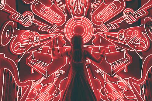 neon woman standing watching LED light musical instrument music