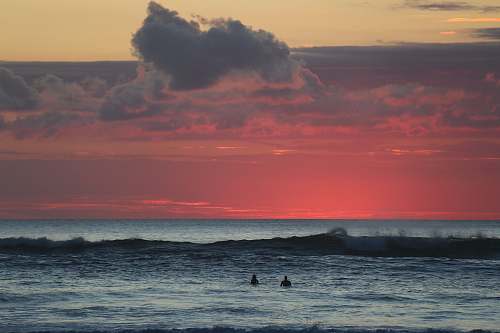nature panorama photography of two person swimming during golden hour ocean