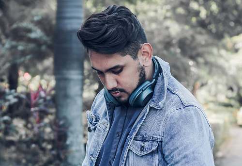 people man wearing blue denim jacket person