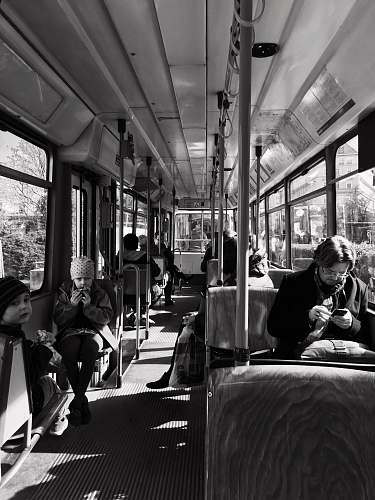 human grayscale photo of person inside bus black-and-white