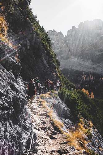 person people walking on mountain road near trees mountain