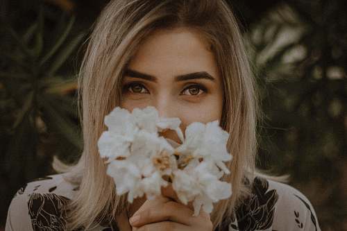 person woman holding white petaled flower human