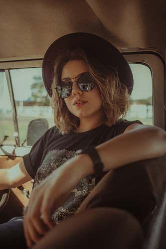 person woman wearing black crew-neck t-shirt human