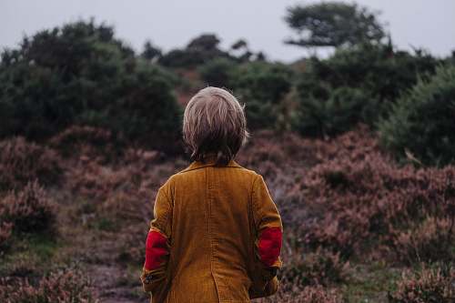 people boy wearing brown coat looking on trees in shallow focus photography human