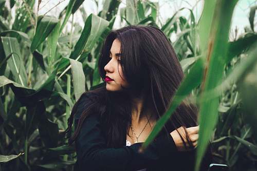 people woman wearing black long-sleeved top in cornfield at daytime human