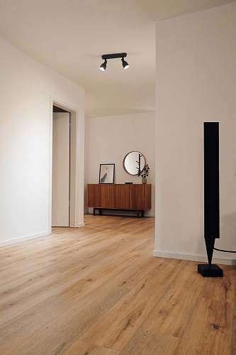 floor black tower speaker beside white wall wood