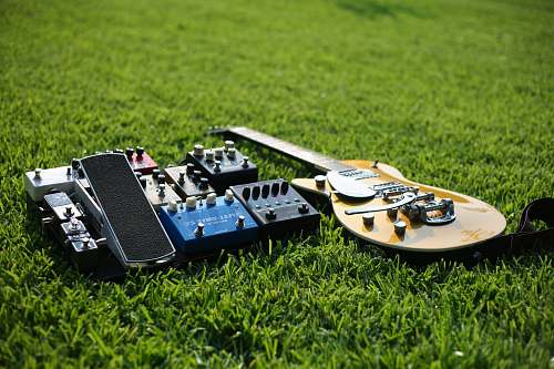 music brown Les Paul-style electric guitar on grasses near guitar effects dallas