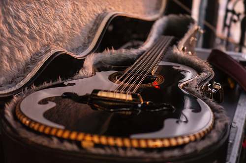 guitar closeup photo of gray and black guitar person