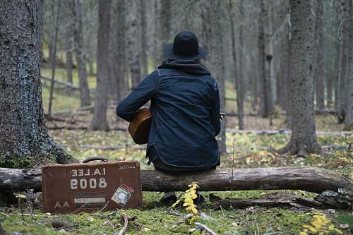 people person playing guitar in forest person