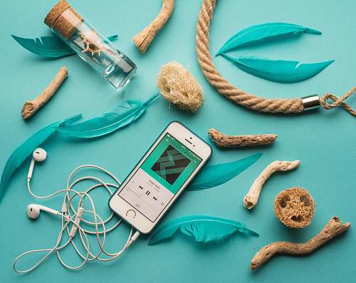 phone iPhone with EarPods beside feather and ornaments mobile phone