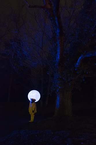 blue person in white outfit standing under leafless tree at nighttime night