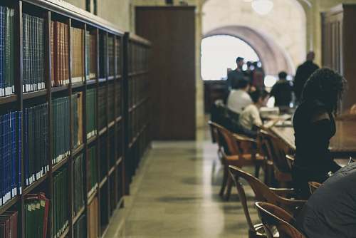 person selective focus photography of books on bookcases near people sits in chairs book