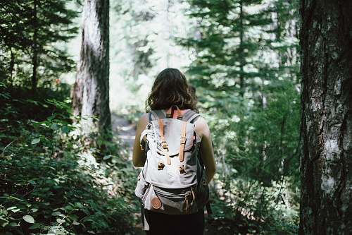 nature woman in sleeveless top and backpack surrounded by trees during daytime forest