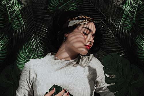 person woman lying under the leaves during daytime human