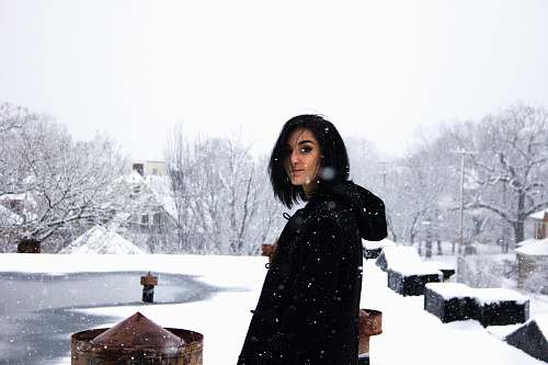 person woman wearing black shirt standing under snow weather human
