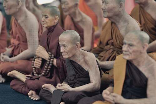 people monks sitting on floor while praying human