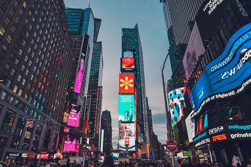 city low angle photo of New York Town square during golden hour downtown