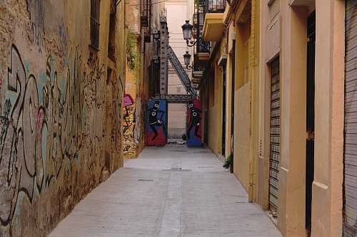 city pathway in middle of buildings road