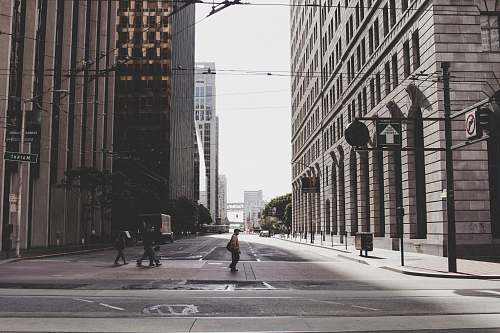city people crossing on road near building road