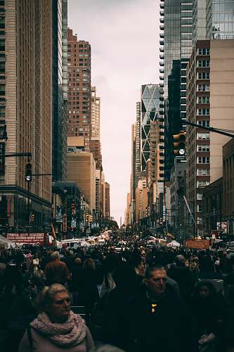 city people on road between high-rise buildings person