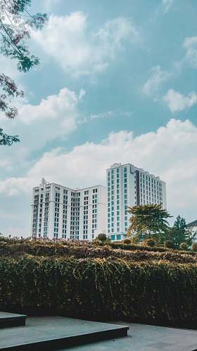 city white high-rise buildings under white and blue skies high rise
