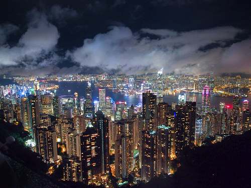 urban aerial photography of highrise building at nighttime building