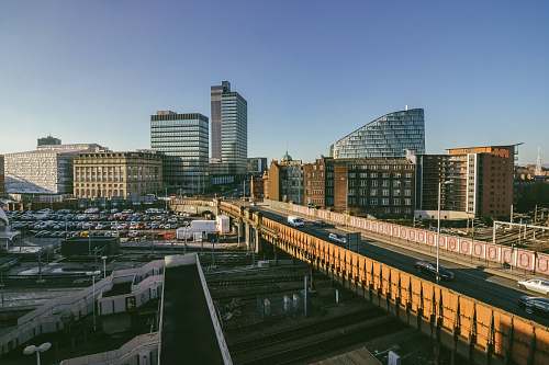 urban high rise buildings and bridge manchester
