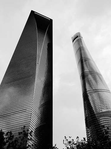 building low-angle photography of two high-rise glass buildings black-and-white