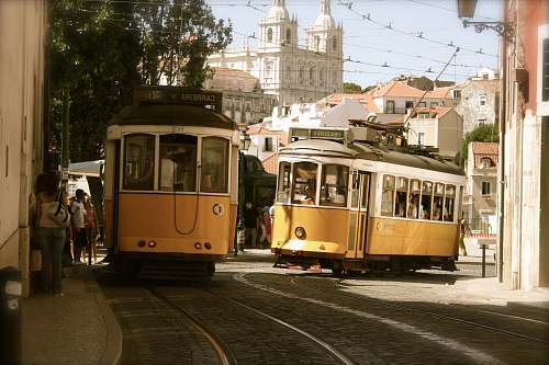 tram two yellow-and-white trams trolley