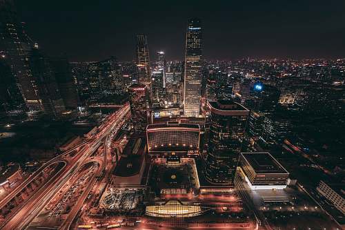 urban aerial view of lighted up buildings building