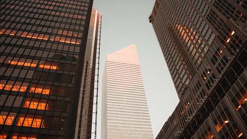 building low-angle photography of gray high-rise building between two curtain wall high-rise buildings during daytime urban