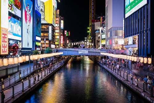 building people in both banks of river at night metropolis
